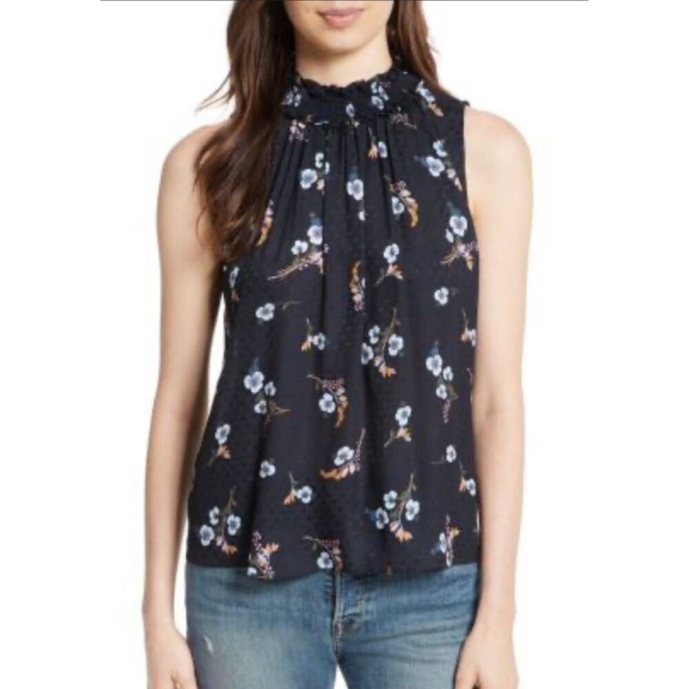 REBECCA TAYLOR NATALIE SLEEVELESS FLORAL-PRINT SILK TOP IN NAVY SIZE 2